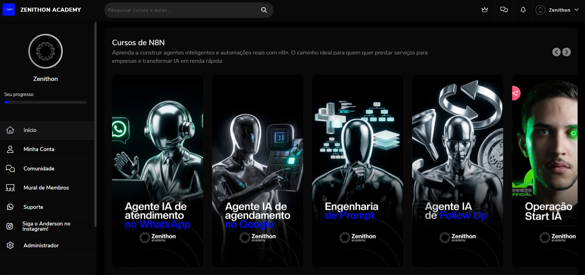 Área de membros da Trilha Completa N8N — catálogo de cursos de n8n com agentes de atendimento no WhatsApp, agendamento, engenharia de prompt e follow-up